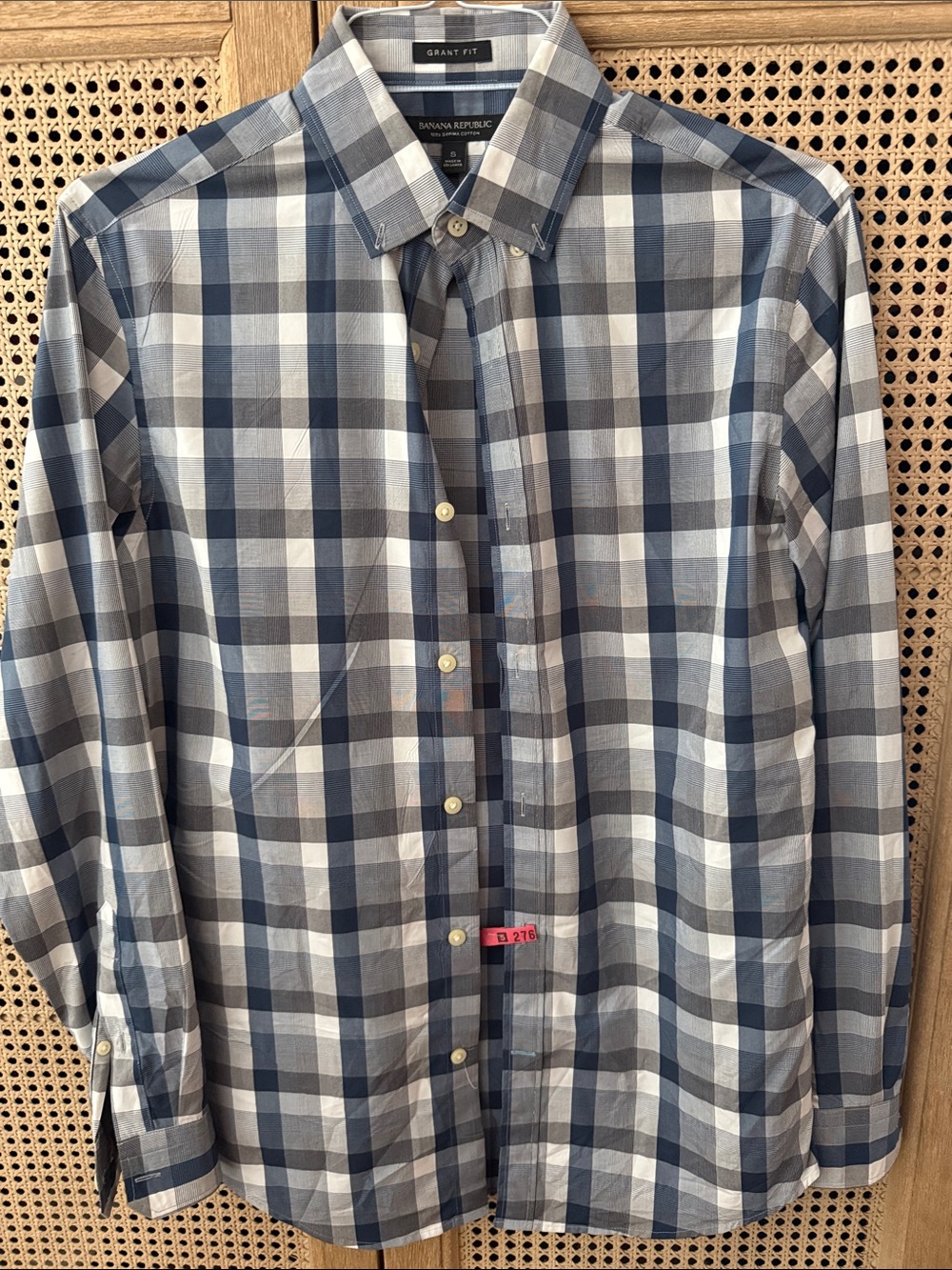 Banana Republic Men's Navy and Gray Plaid Button-Down Shirt